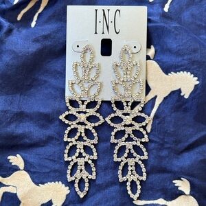 Brand New INC Silver-Tone Rhinestone Leaf Statement Drop Earrings Prom Wedding